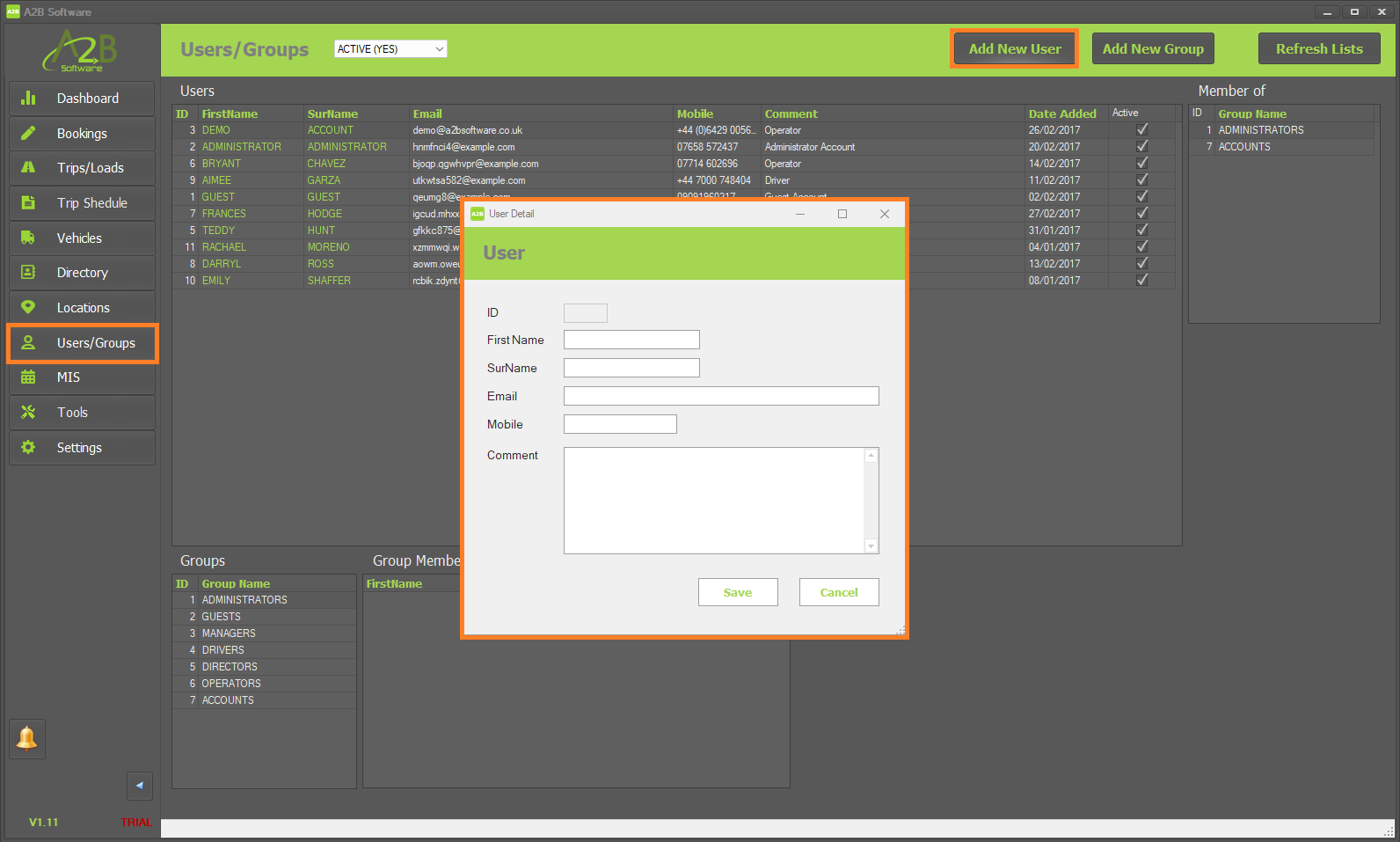 A2B TMS - Add New User