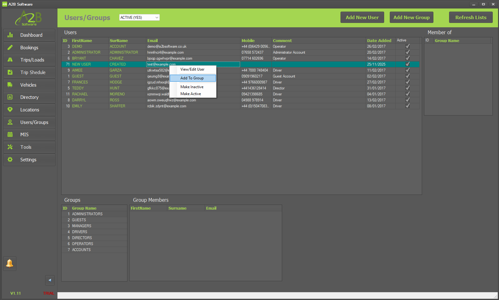 A2B TMS - Add To Group